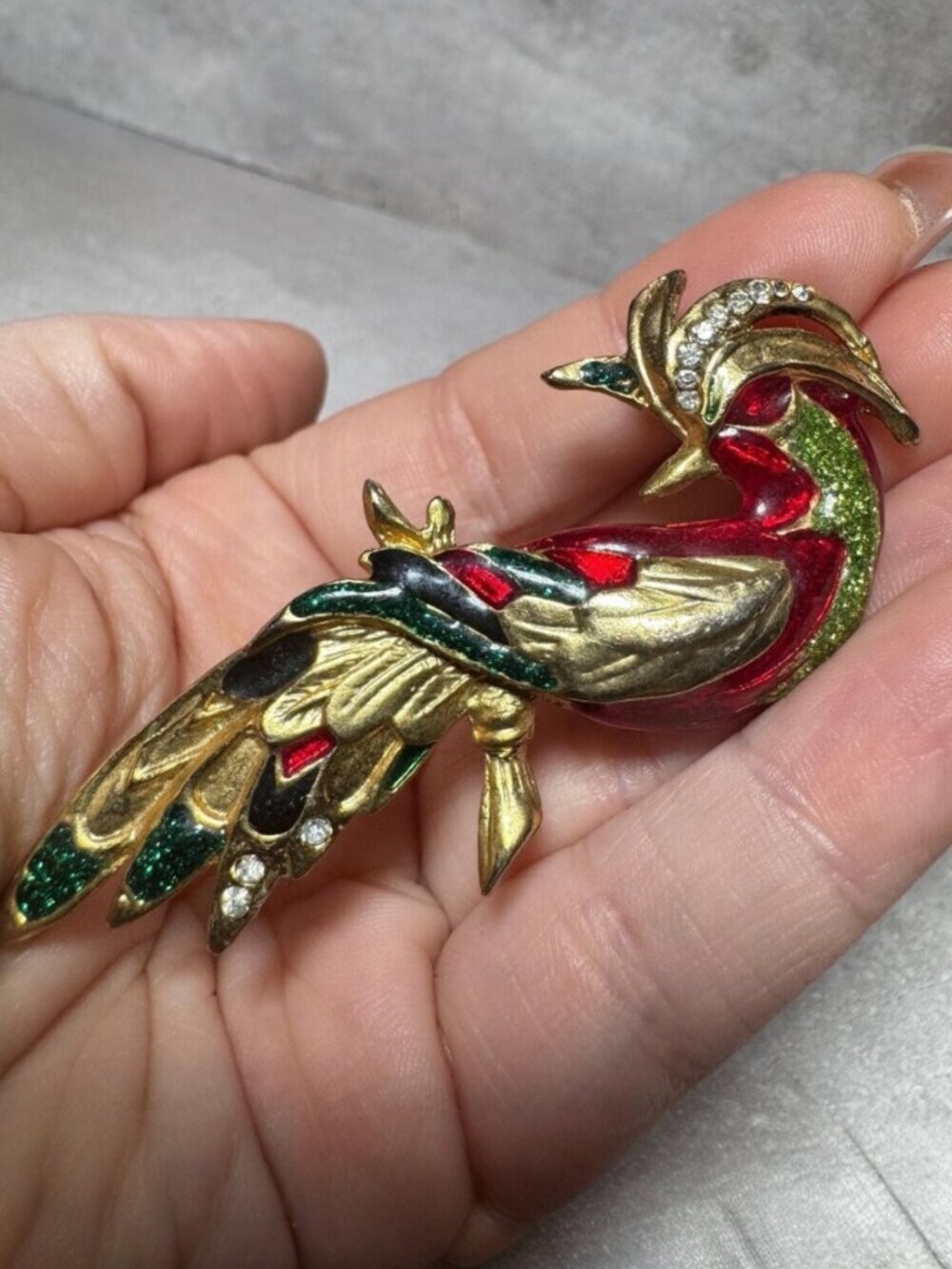 Phoenix Bird Brooch Gold Tone Red Green Enamel Rhinestone Pin – 3” Tall